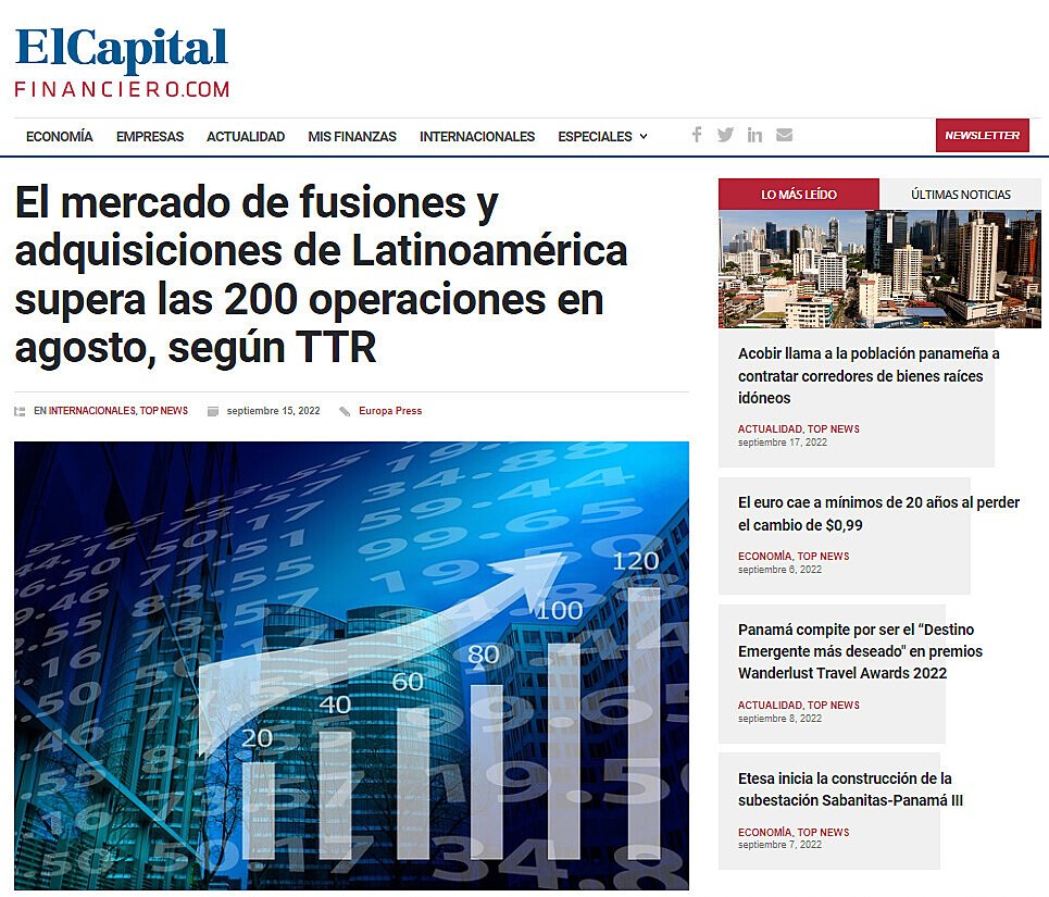 El mercado de fusiones y adquisiciones de Latinoamrica supera las 200 operaciones en agosto, segn TTR